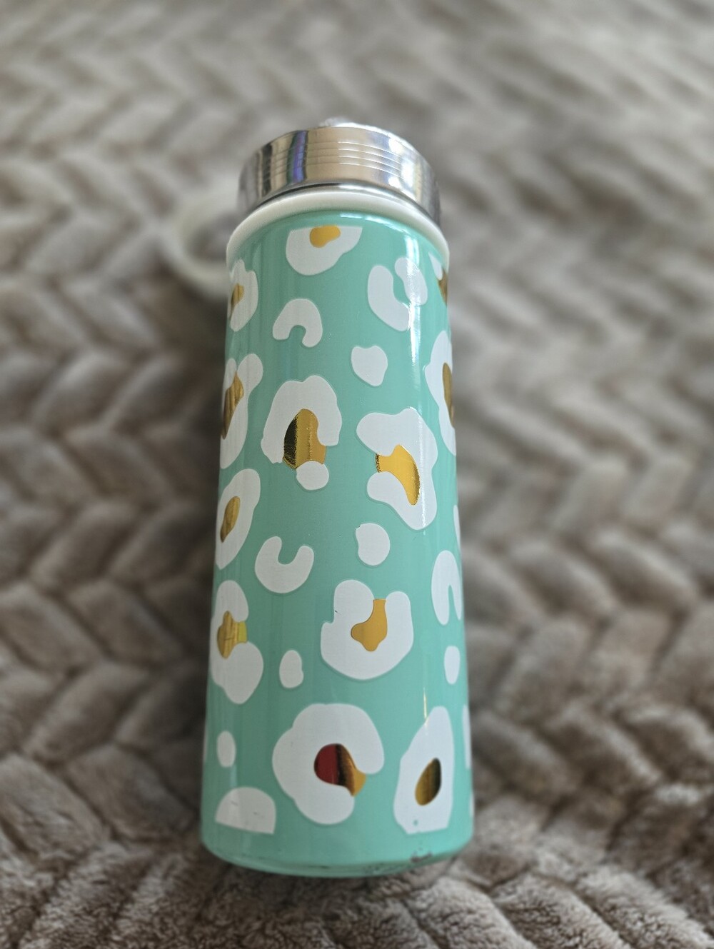 Pottery Barn Aqua Leopard Print Water Bottle with Gold Accents